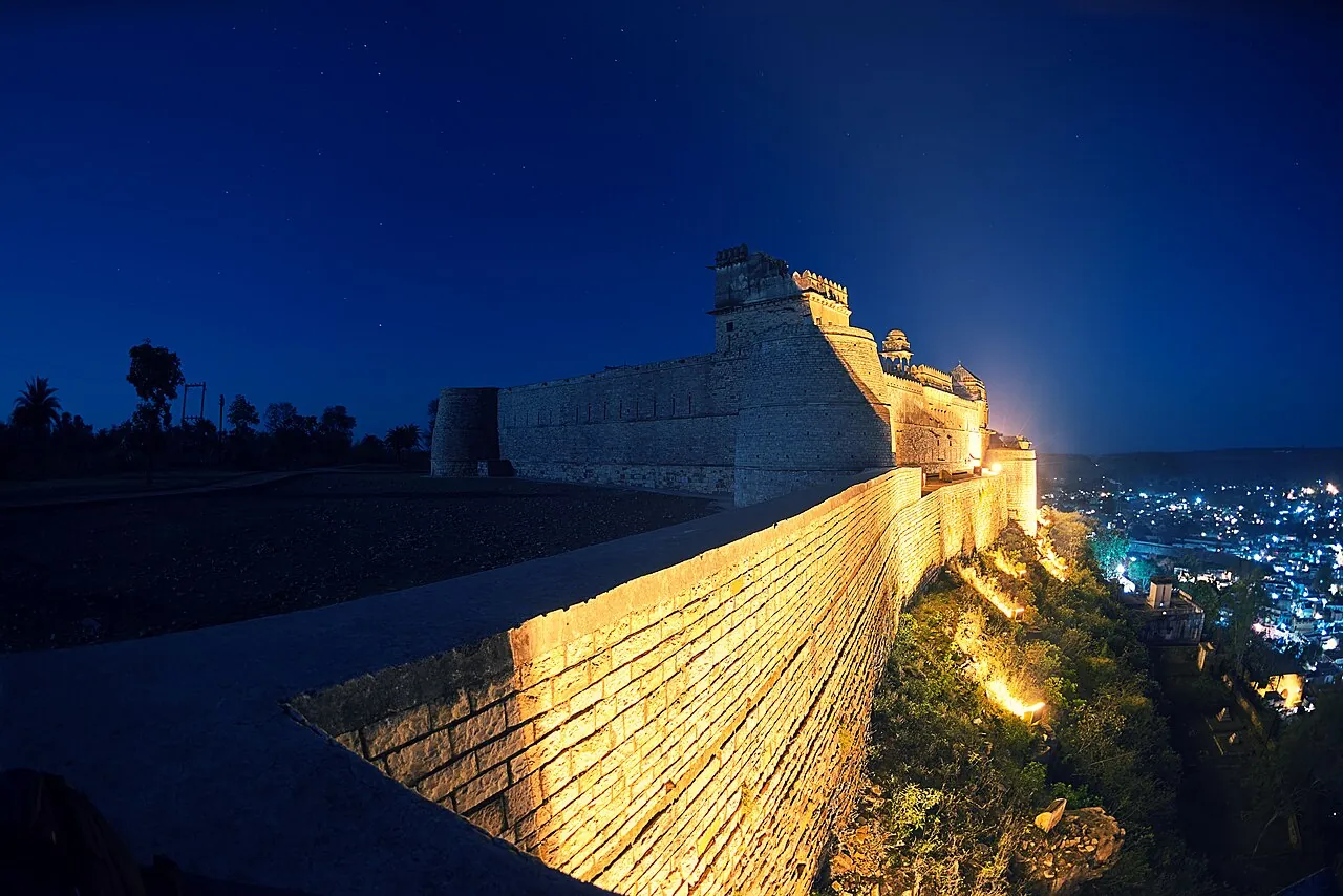 Chanderi Fort illuminated on a full moon night