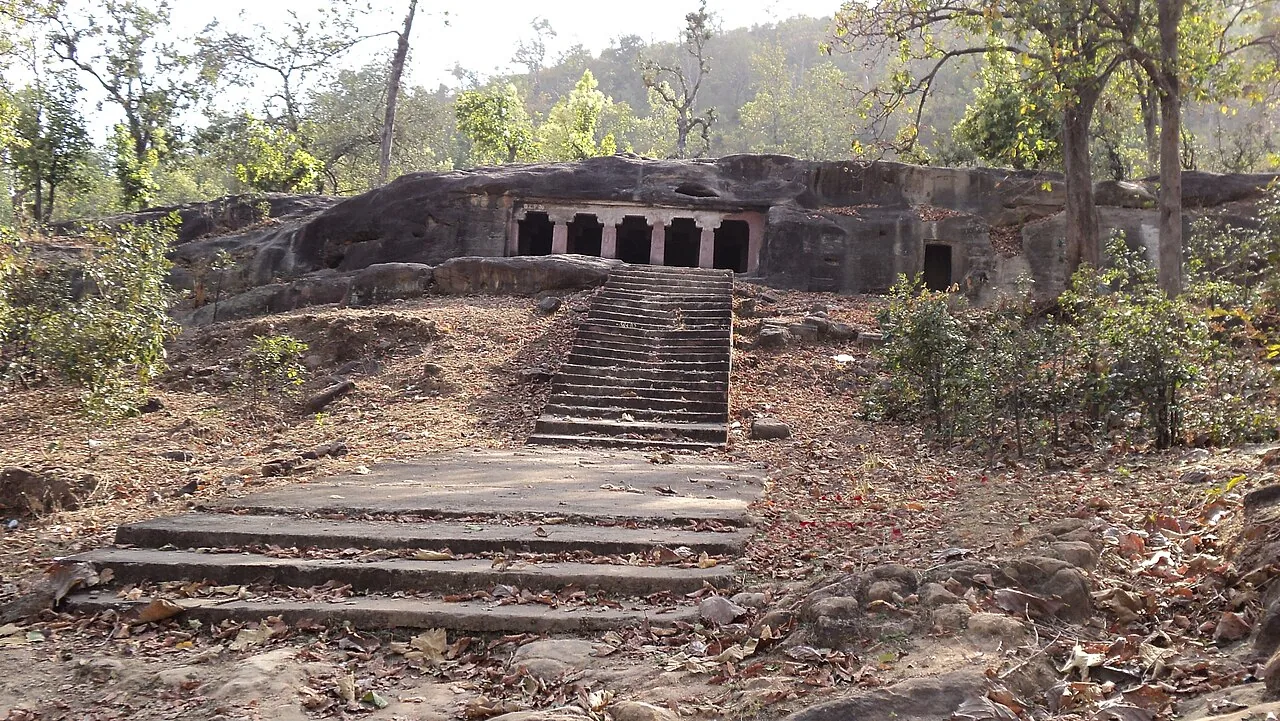Rock-cut Mada Caves and stone steps in Singrauli district, Madhya Pradesh